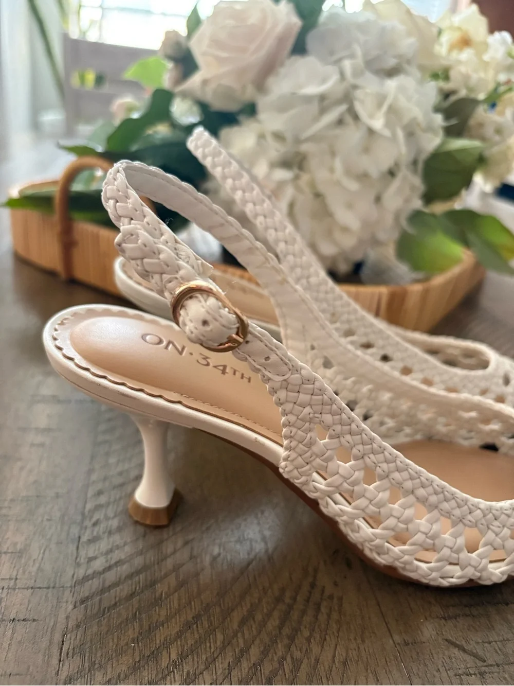White Woven Slingback Pointed-Toe Heels